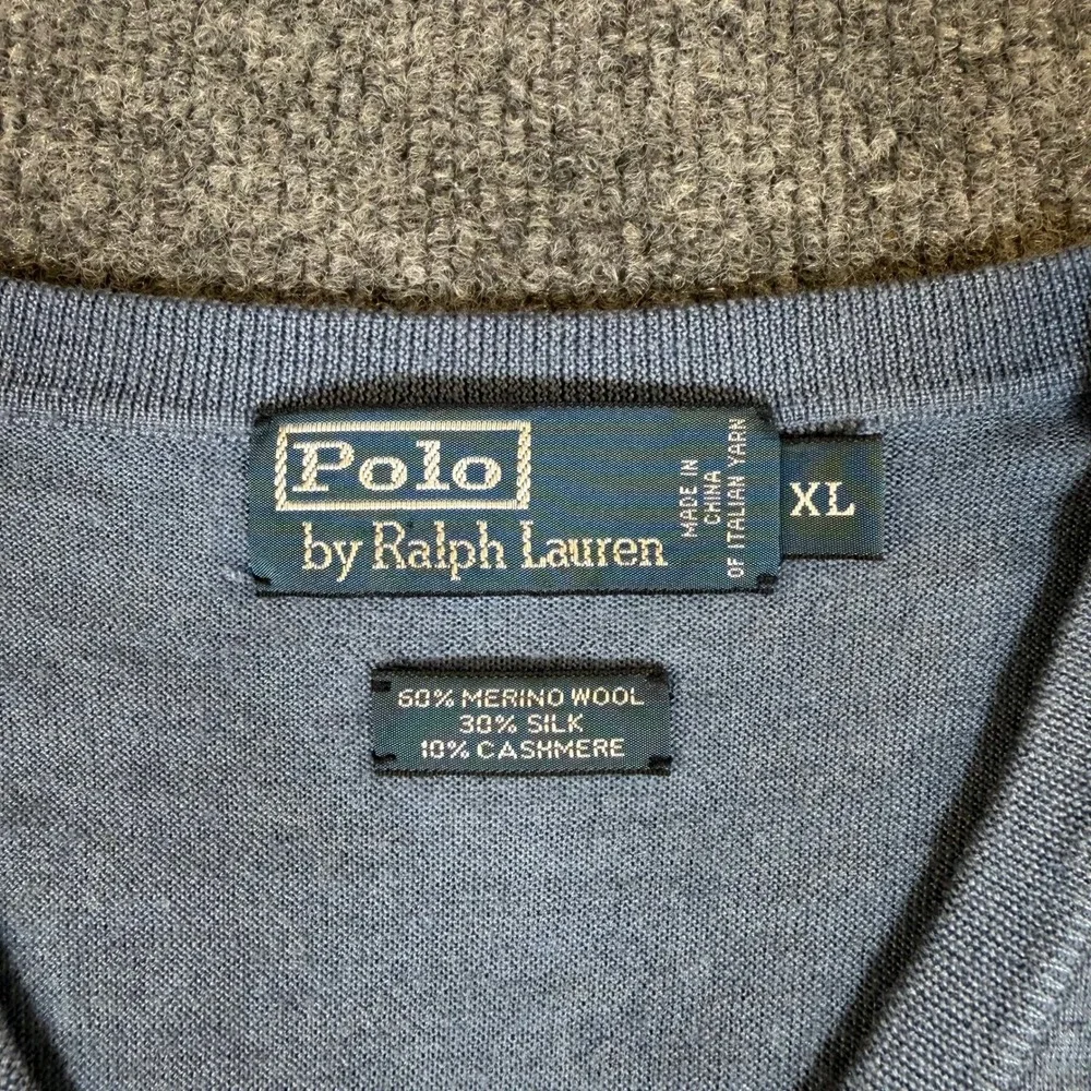 Polo Ralph Lauren Mens XL Blue Merino Wool Silk Cashmere V-Neck Sweater #3098